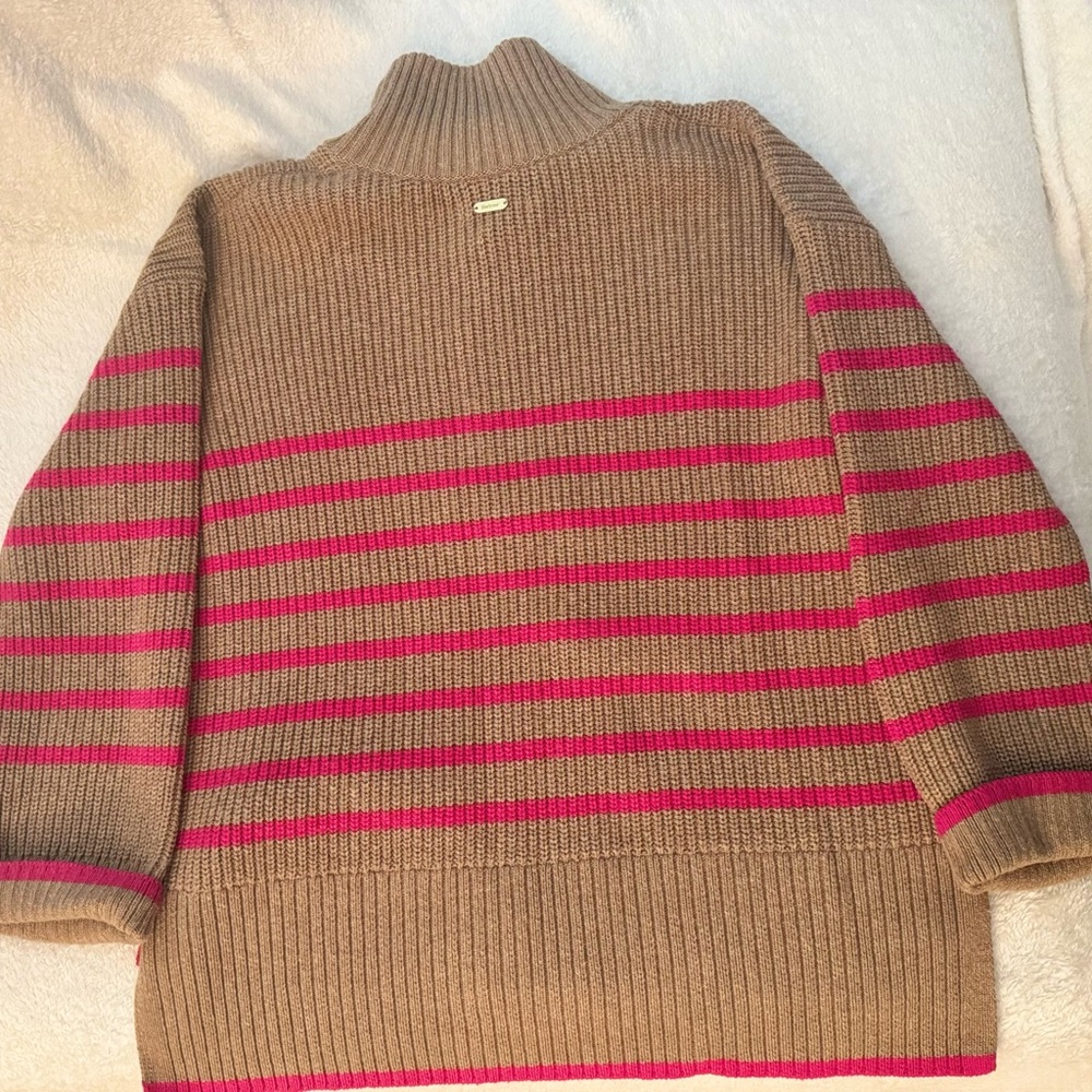Barbour Jemima knit sweater in Taupe & Pink Stripe Half-Zip Ribbed Sweater - Picture 3 of 4